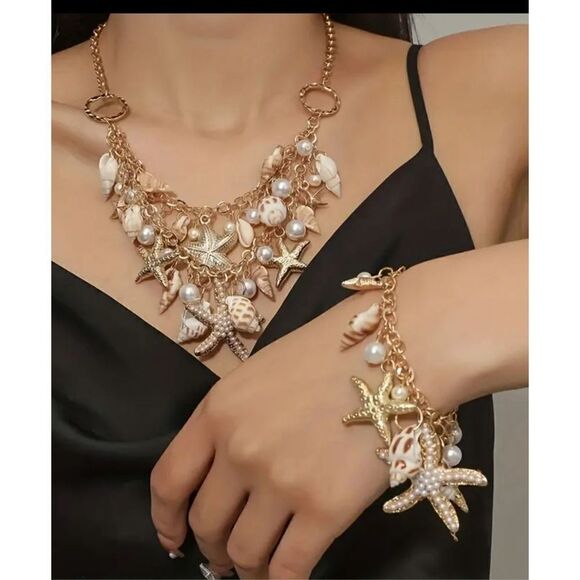 Mermaidcore Boho Nautical Shell Starfish Beach Matching Necklace Bracelet Set - Picture 1 of 4